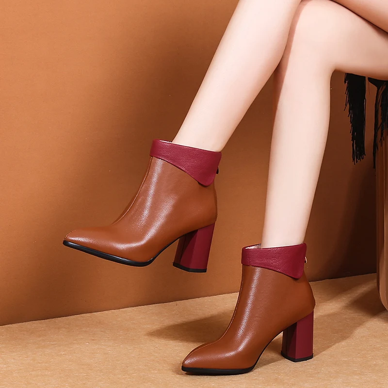 

Newest Women genuine Leather Ankle Boots Winter Warm High Heels Party Dancing Shoes Woman mixed colors Chelsea Boots