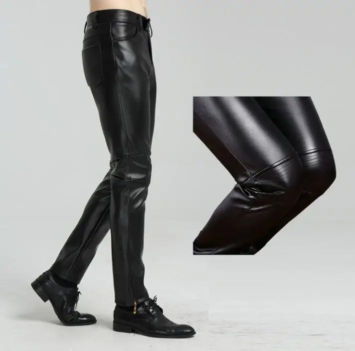 Spring autumn faux leather pants mens feet pants fashion motorcycle pu trousers for men personality pantalon homme black korean