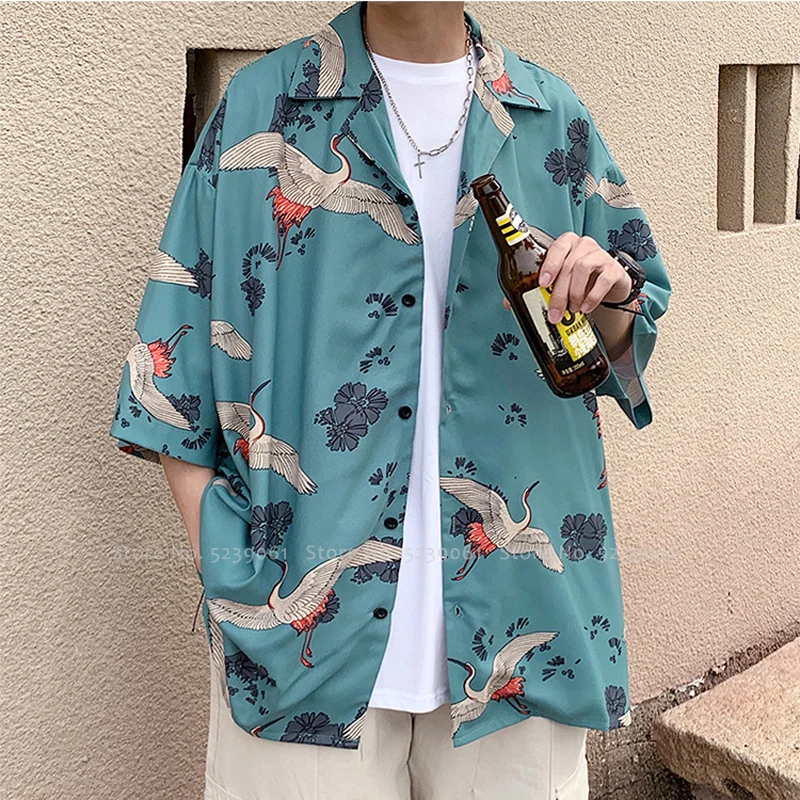 

Men Women Couples Chinese Crane Print Shirt Coat Japanese Kimono Robes Harajuku Style Casual Blouse T-shirt Thailand Streetwear
