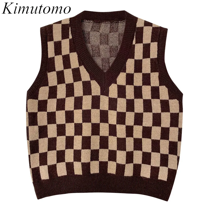 

Kimutomo Chic Knitting Vest Woman 2021 Autumn New Ins Fashion Retro Plaid Stacking Waistcoat V-neck Sleeveless Loose Female Tops