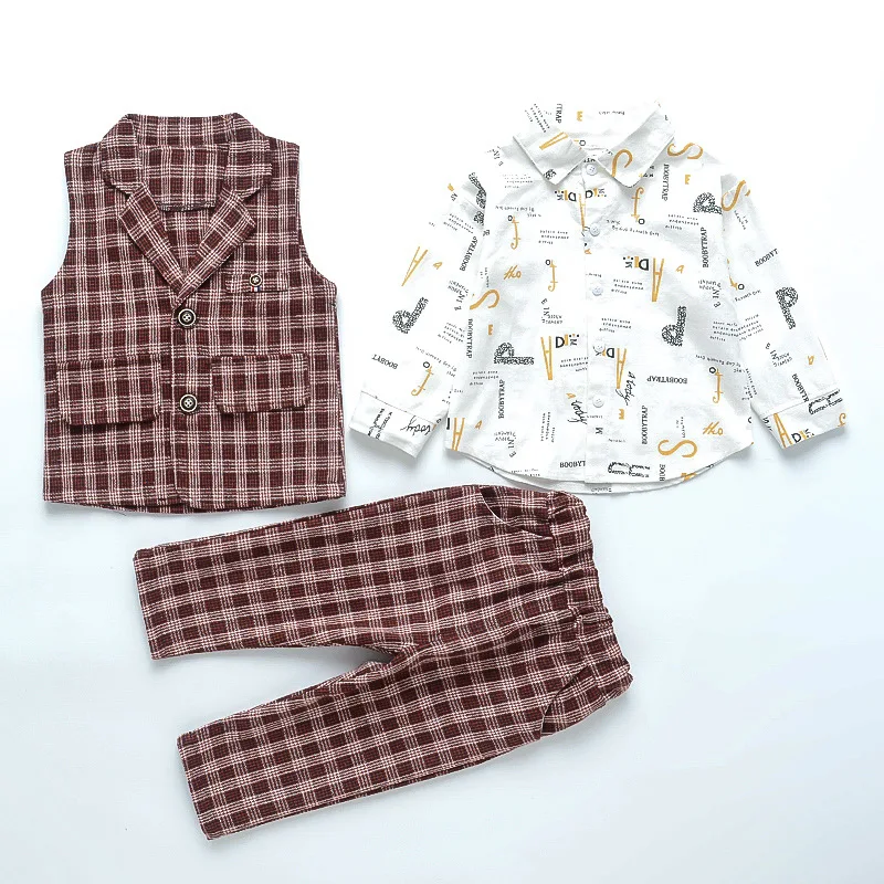 

Spring Autumn New Kids Fashion Costume Toddler Vest Shirt Pants Children Formal Boys Baby Girls Print Turn-down Collar Clothes
