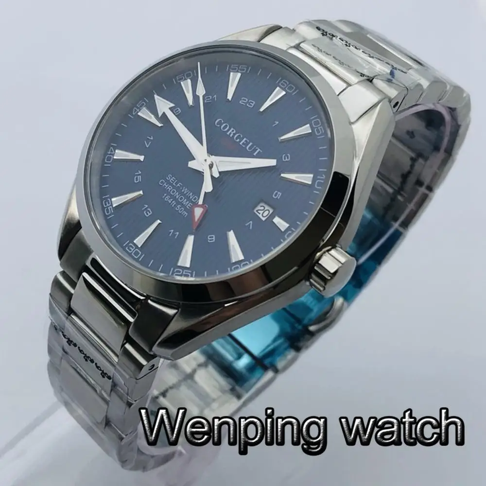 

Corgeut 41mm Mens Luxury GMT Mechanical Watch Silver Stainless Steel Case Sapphire Glass Blue Dial Date Luminous Automatic Watch