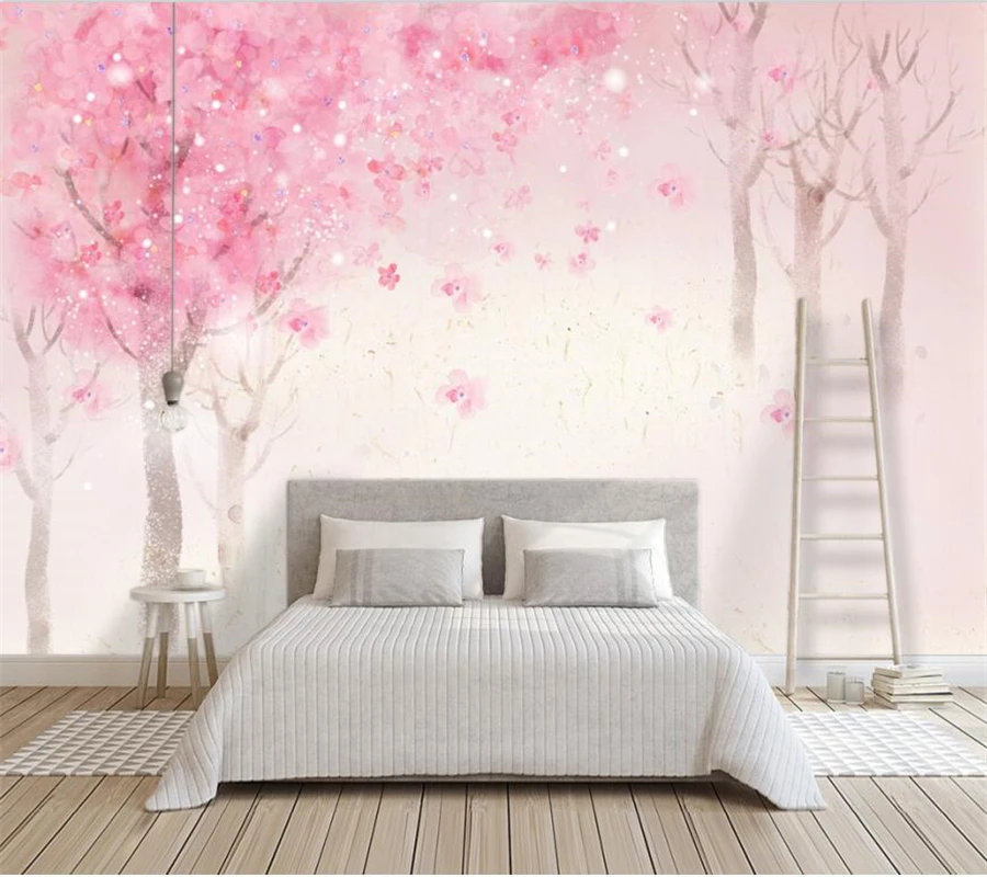

wellyu Custom mural hand-painted watercolor cherry blossom background nordic romantic cherry blossom forest background wallpaper