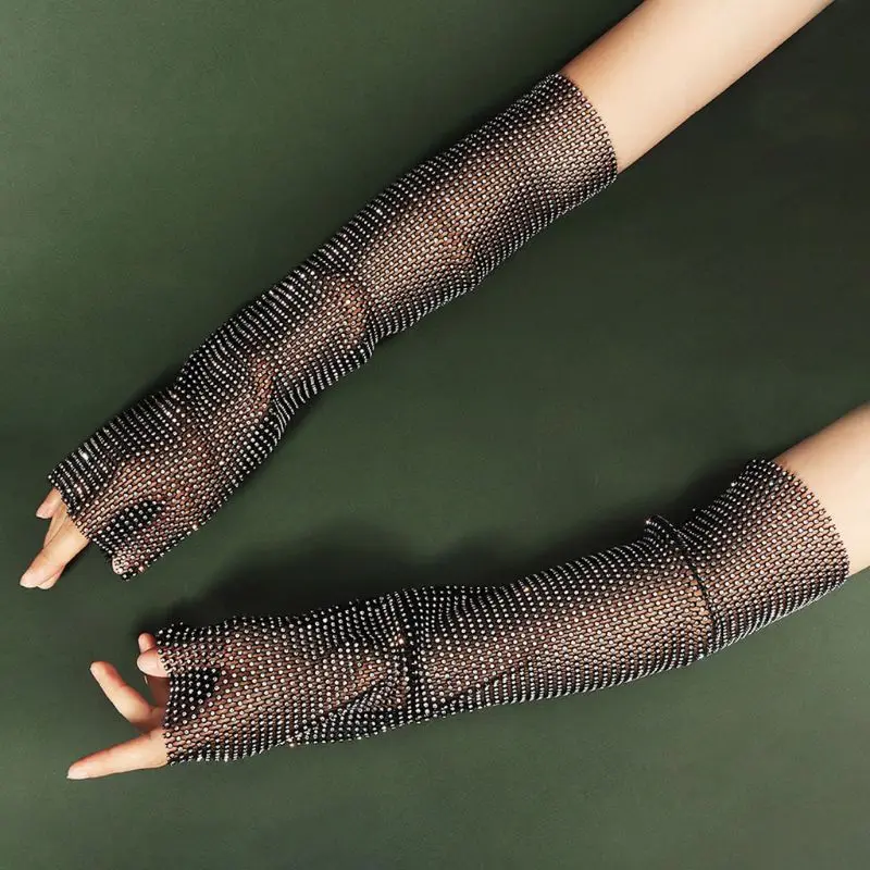 

Women Glitter Rhinestone Arm Warmer Sleeve Sunscreen Nightclub Fingerless Gloves