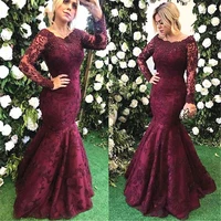 burgundy lace mother of the bride dress for wedding party mermaid long sleeve pearls beading evening prom gowns floor length