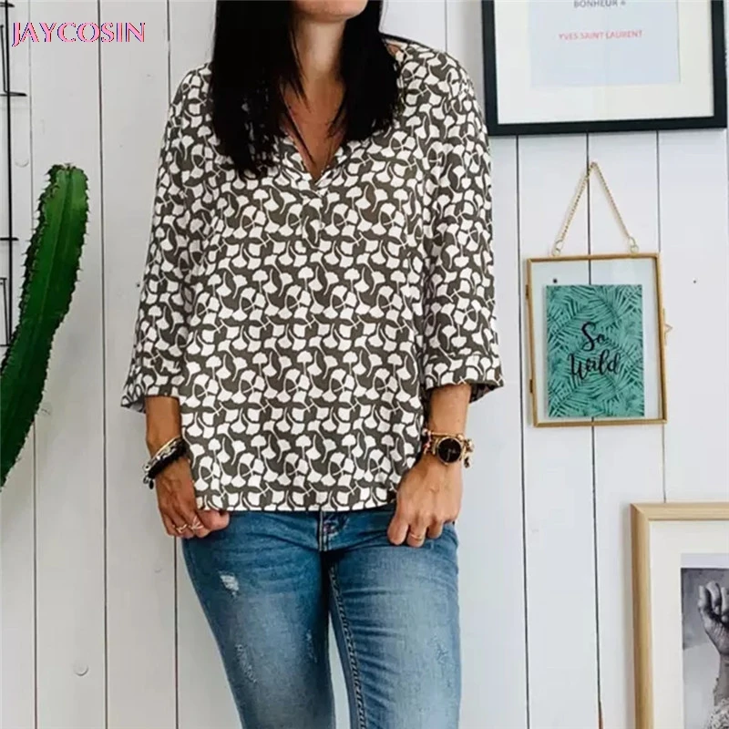 JAYCOSIN 2020 Personality Multicolor Sweater Women's Printing Long Sleeve Shirt Tie Knot Casual Blouses Tops V-Neck Drop #1217 | Женская