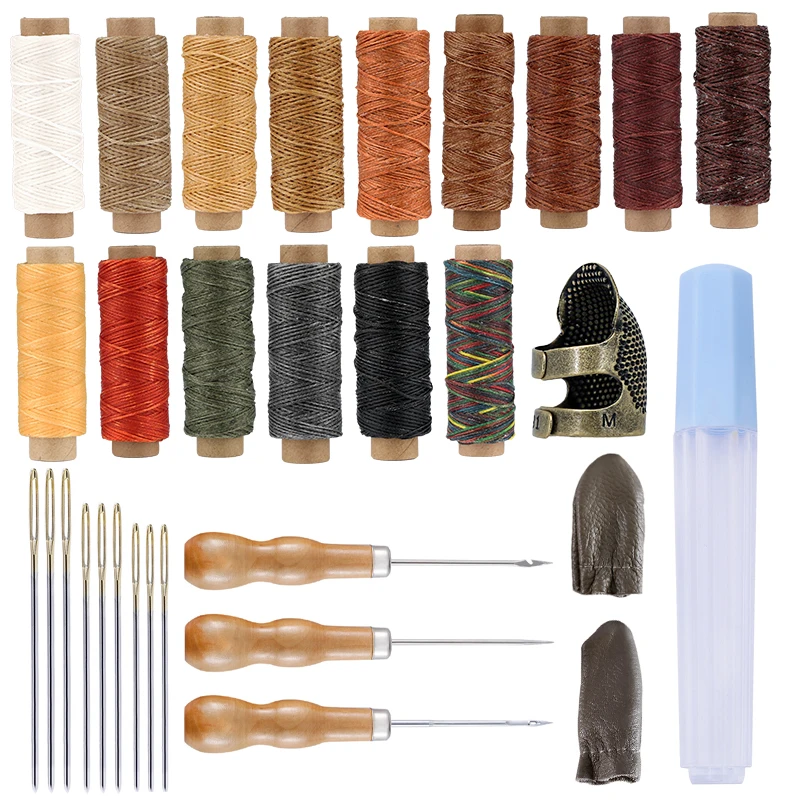 

LMDZ Leather Sewing Kit With Big Eye Sewing Needle 50m Wax Thread Wooden Handle Drill Taper Knitting Needle Storage Box