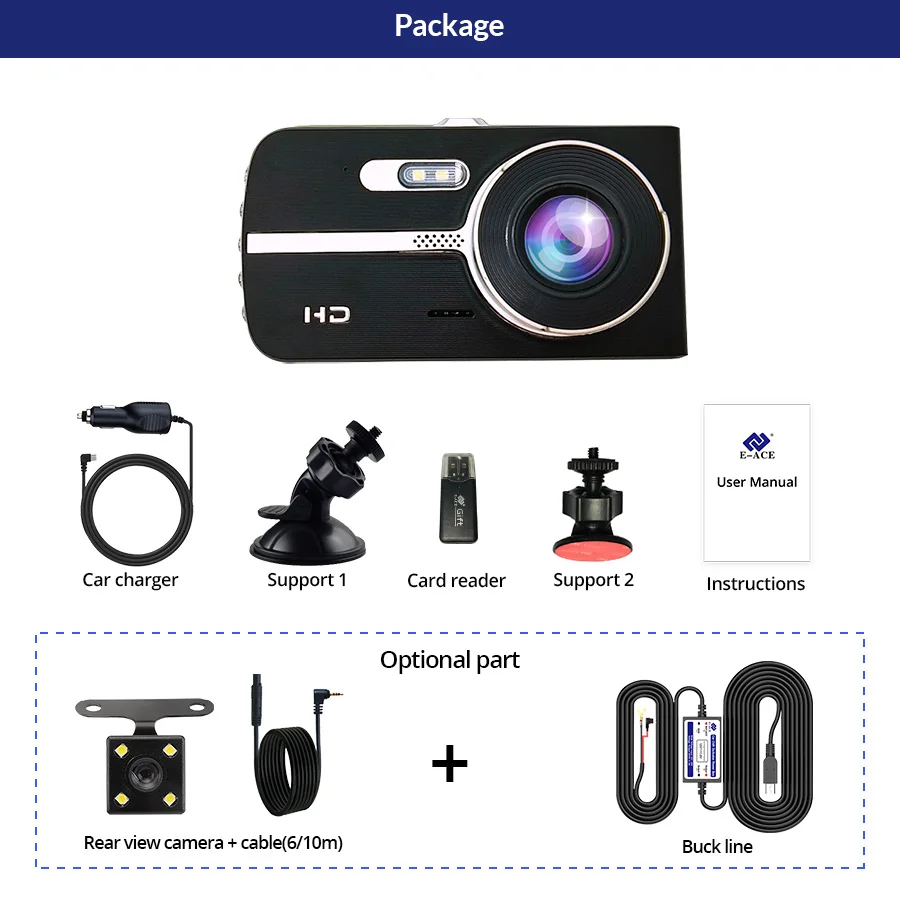 E ACE Автомобильный видеорегистратор FHD 1080P Dashcam 4 дюйма с двумя объективами ночного