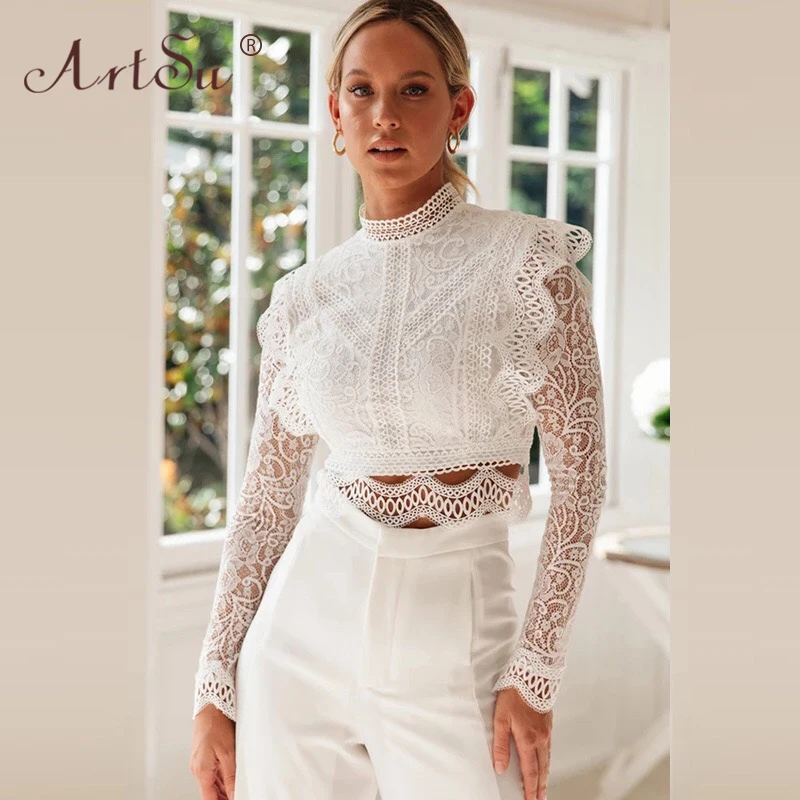 ArtSu цветочные с кружевной отделкой осенние женские топы рюшами длинным рукавом