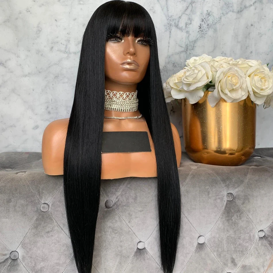 Silky Straight Jet Black Indian Remy Hair Lace Front Wigs for Women Glueless Full Lace Wigs with Bangs 180 Density Fringe Wigs