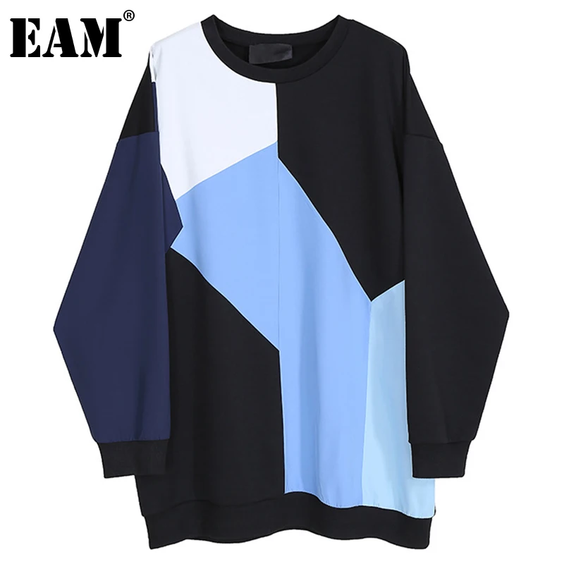 

[EAM] Loose Fit Black Contrast Color Sweatshirt New Round Neck Long Sleeve Women Big Size Fashion Spring Autumn 2021 1DD5248