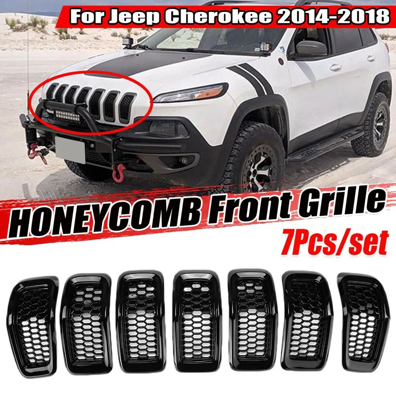 

Top!-Front Upper Mesh Honeycomb Grill Grille Inserts Cover Kit Mesh Grille&Trim Insert for Jeep Cherokee 2014-2018 Black