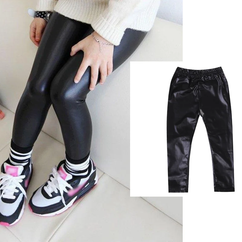 Pantalones informales de PU para ni&ntilde;os y ni&ntilde;as, Leggings el&aacute;sticos ajustados de cintura alta, color negro, 2-8T-0