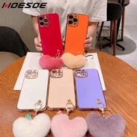 for iphone 13 pro max 12 11 pro xs xr 8 7 shockproof protection cover plating square silicone soft case with love plush keychain