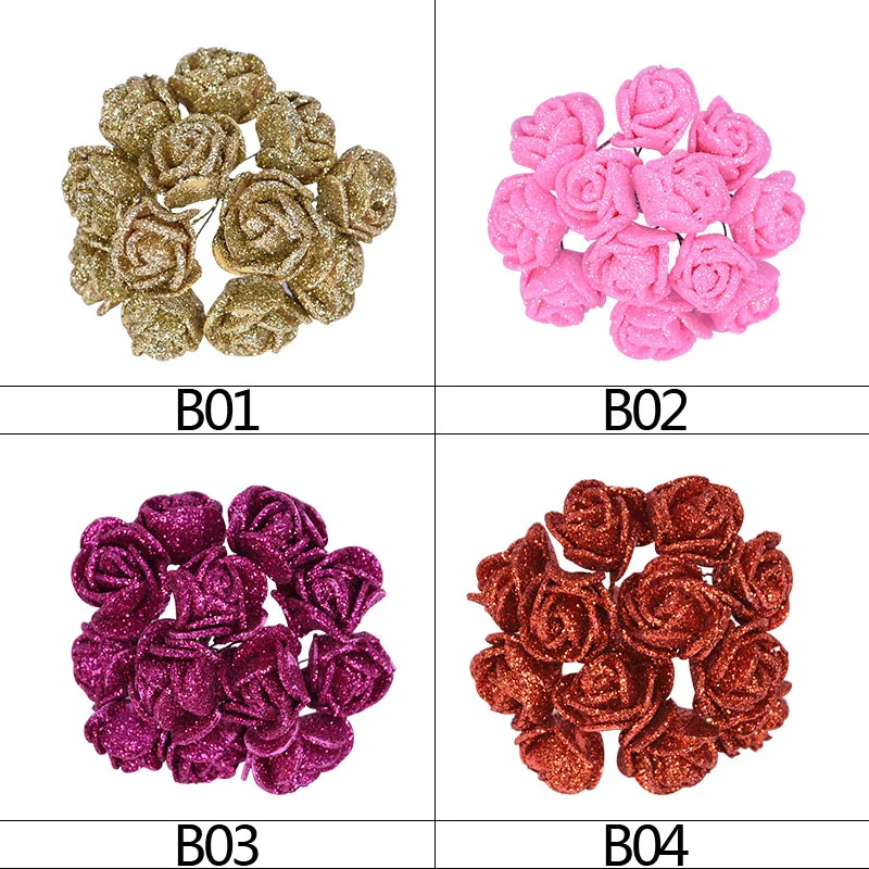 72/144pc Mini 2cm Gold Pink Rose Red Glitter Flower Artificial Rose Flower For DIY Gift Box Scrapbooking Home Wedding Decoration images - 6