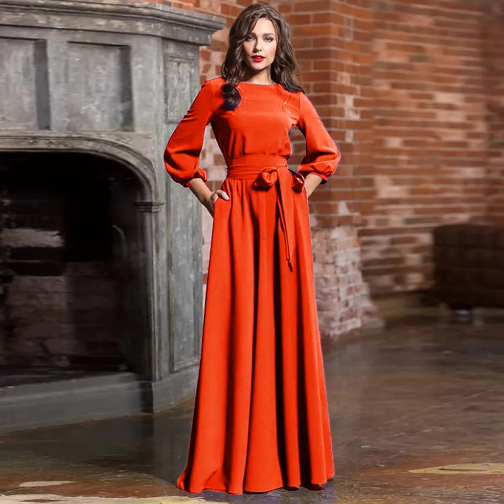 

Lantern Sleeve Maxi Dress Women Round Neck Party Long Plus Size Bow Solid Color Ladies Elegant Slim Belt a Line Dresses 11.6