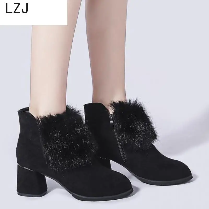 LZJ2019 Autumn Winter Boots Women Camel Black Ankle For Thick Heel Slip On Ladies Shoes Bota Feminina | Обувь