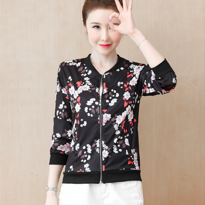 Женская шифоновая куртка-бомбер с цветочным принтом повседневная весенняя