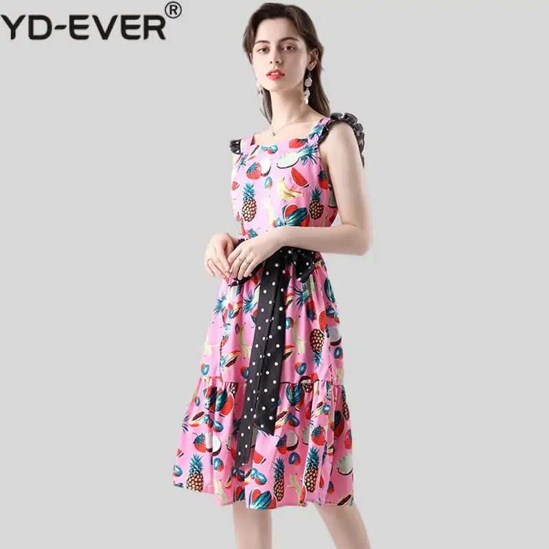 Платье женское летнее хлопковое с поясом в горошек милая майка принтом ананасов