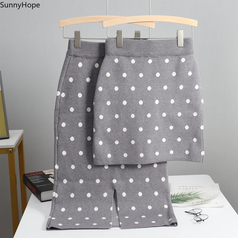 

2021 Thick Autumn Winter Women Skirts High Elastic Polk Dot Long Knitted Sweater Skirt Warm Female black pencil skirt