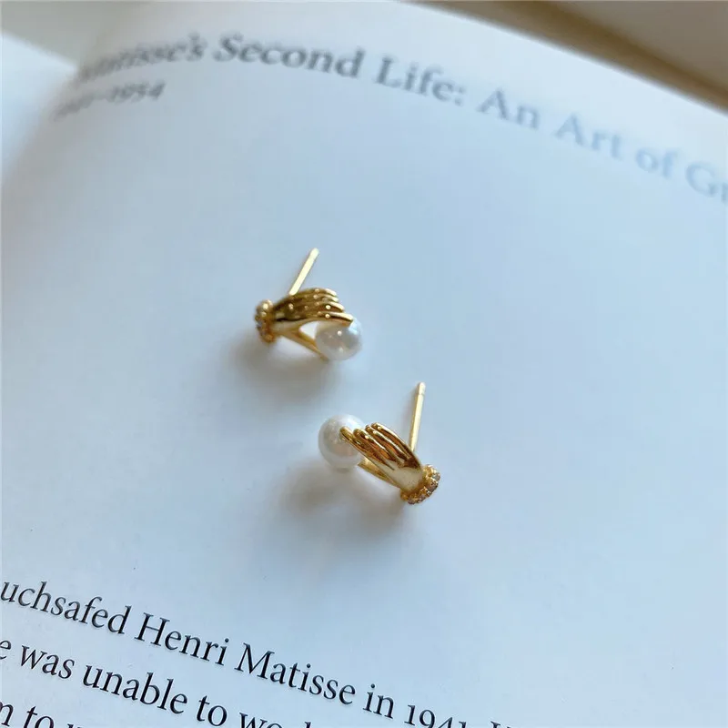 

POFUNUO Real 925 Sterling Silver Nordic Women Hands Finger Pearl Stud Earrings Girls Stylish Fine Jewelry Chic Ear Studs Earring