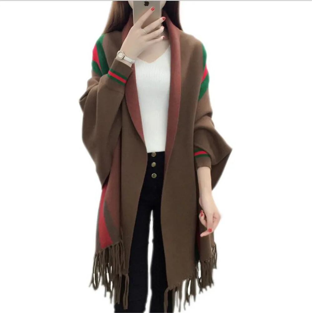 

M.Y.FANTASY 2021 Spring Long Loose Weater Women cardigan striped Fringed ShawlCoat Large Cape Knit SweaterCloak