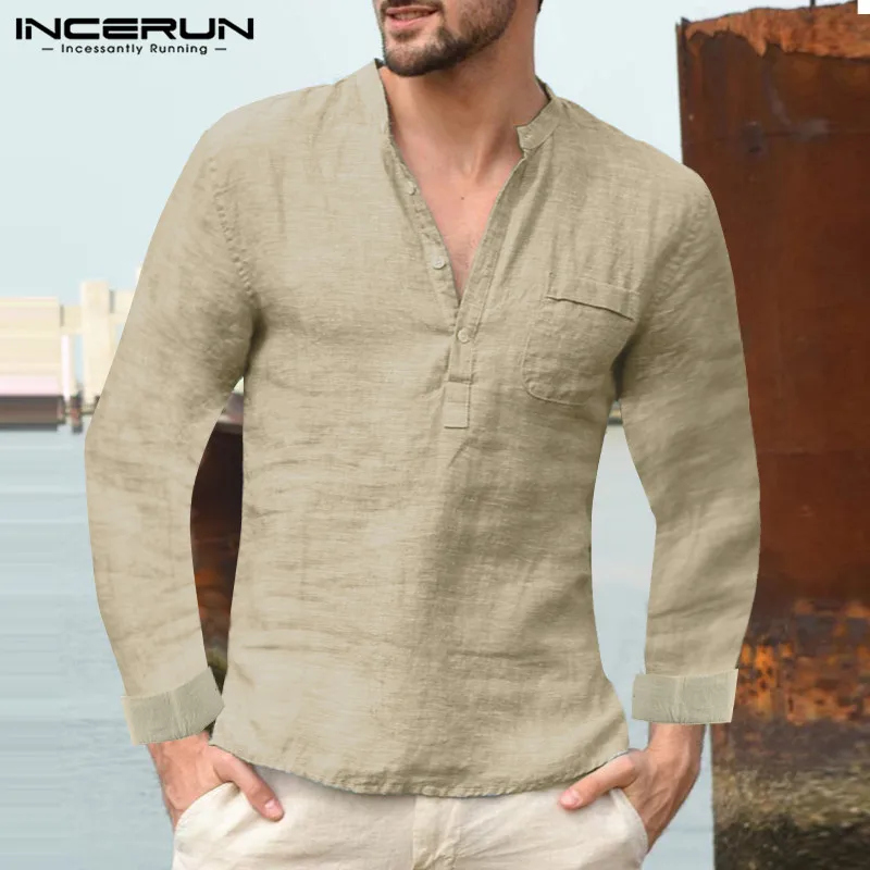 

2021 Fashion Casual Men Shirt Stand Collar Long Sleeve Breathable Vintage Solid Color Street Style Brand Shirts Camisa INCERUN