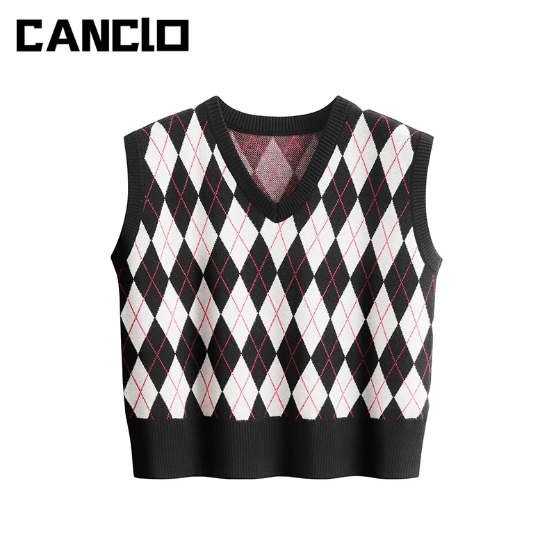 

V Neck Vintage Argyle Sweater Vest Women Sleeveless Plaid Knitted Y2k Crop Top Female Loose Sweaters Autumn Preppy Style Jumpers