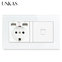 unkas grey luxury glass panel eu standard wall socket 2 usb charge port hidden soft led 1 gang cat5e rj45 internet jack gray