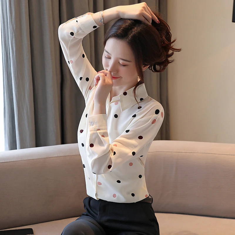 Осенние шифоновые женские блузки корейская мода в горошек Женские рубашки