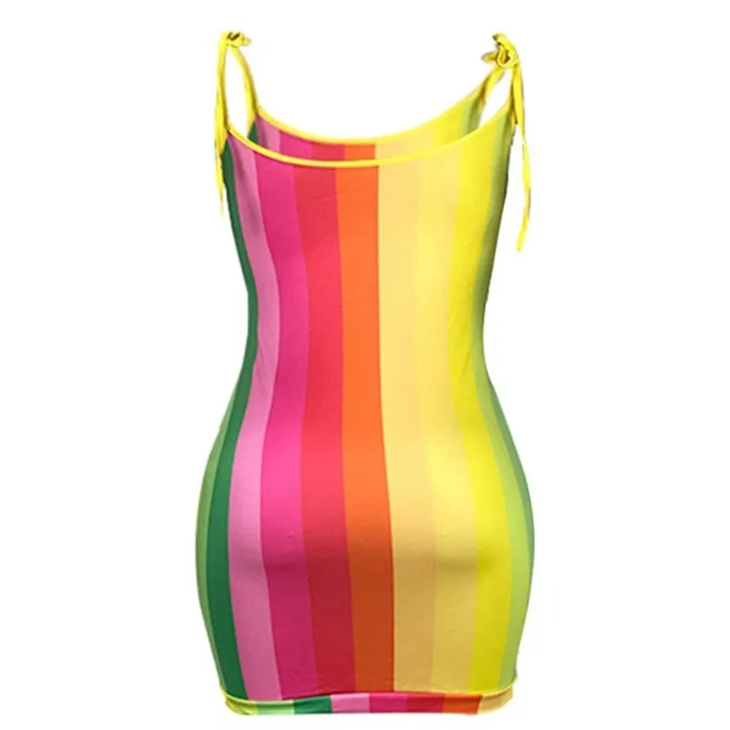 

Sexy Women Fashion Mini Dress Strappy Ladies Bandage Rainbow Color Stripe Skinny Dress Clubwear Plus Size 2XL