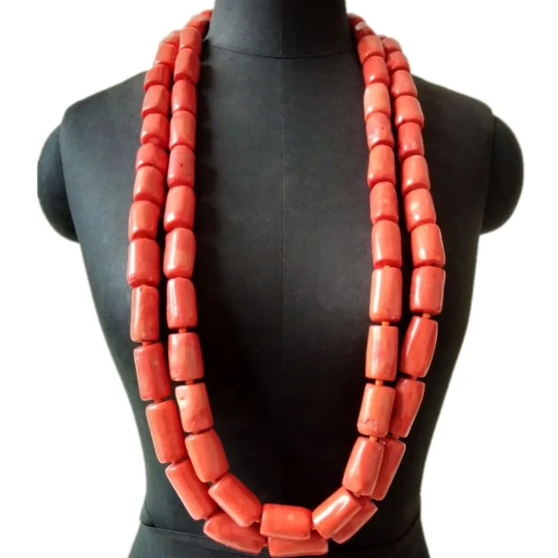 

4UJewelry 13-14mm Nigerian Mens Coral necklace 2 layers Orange Bridal Jewelry Set Wedding For Groom Traditional Tribal