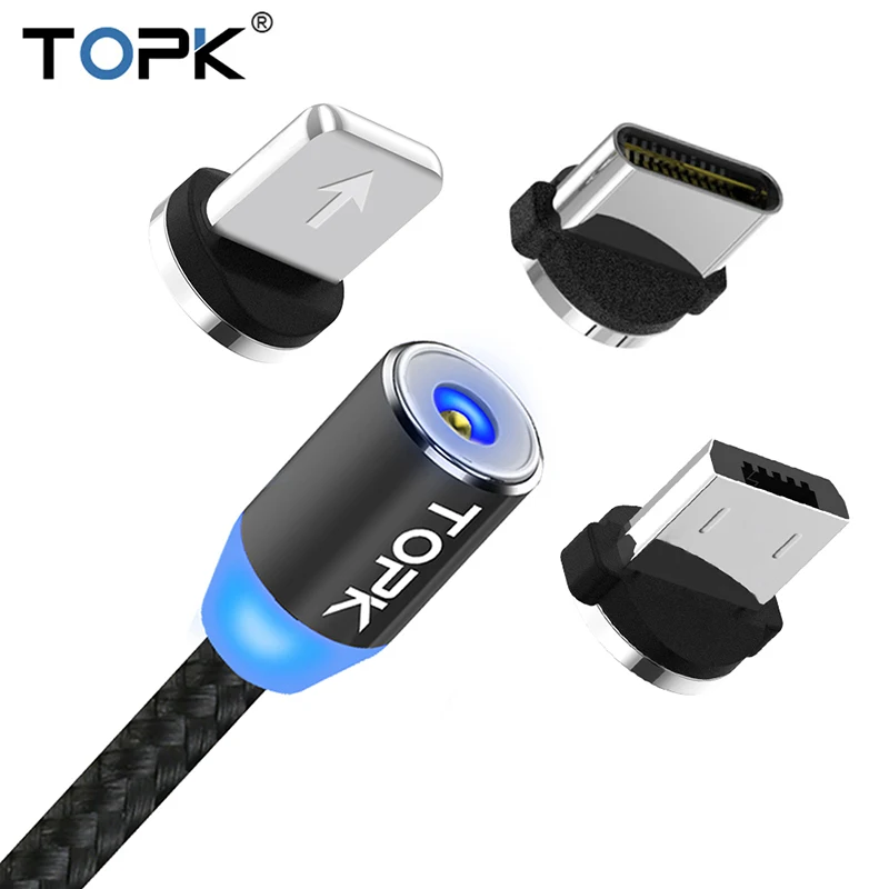 TOPK AM23 1 м светодиодный магнитный кабель и Micro USB кабель и usb type-C кабель с нейлоновой оплеткой type-C Магнитный зарядный кабель для iPhone Xs Max
