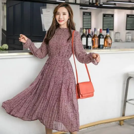 Elegant Stand Collar Floral Print Women Dress Full Sleeve Elastic Slim Waist Chiffon Spring A-line Long 2020 AE10 |