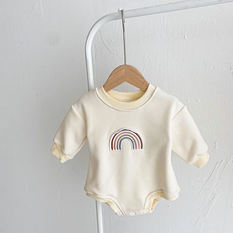 Autumn Winter Plus Velvet Baby Rompers Infant Rainbow Patch Jumpsuit Long-sleeved Baby Boy Girl Clothes Winter Warm Outerwear