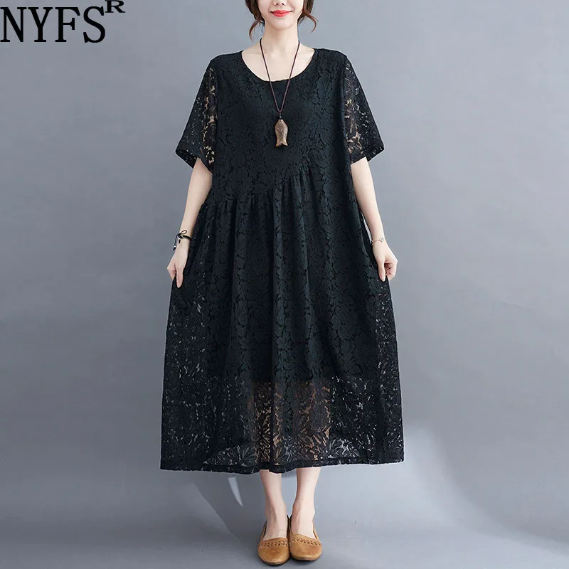 

NYFS летнее платье 2021 новые свободные платье из кружева Женское Vestidos модное однотонное длинное платье