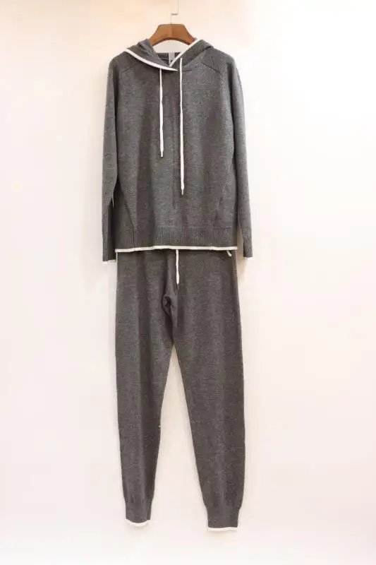 30% Wool + 45% Cashmere Knit warm Suits hooded cashmere woolen Sweater + Mink Cashmere Trousers Leisure Two-pieces sets F408