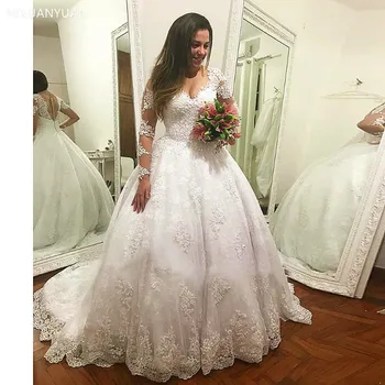 Vestido De Casamento Long Sleeves Wedding Dress Luxury Ball Gown Bridal Gowns Custom Made Lace Appliques Wedding Dresses 2021