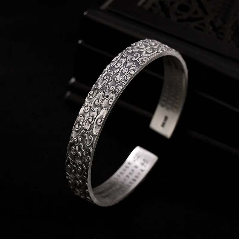 

Bracelets for Women Silver 925 Sterling Auspicious Clouds Engraved Heart Sutra Buddha Jewelry