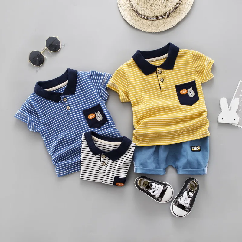 

2020 Summer Kids Sets Kids Fashion Cotton Sets stripe POLO Shirt Tops + Denim Shorts Two-piece Children's Clothing