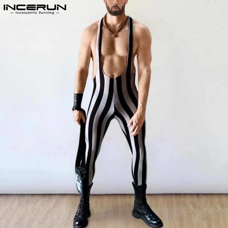 

Men Pajamas Jumpsuits Striped 2022 Sleeveless Homewear Cozy Suspender Rompers Skinny Backless Sexy Men Overalls S-5XL INCERUN 7