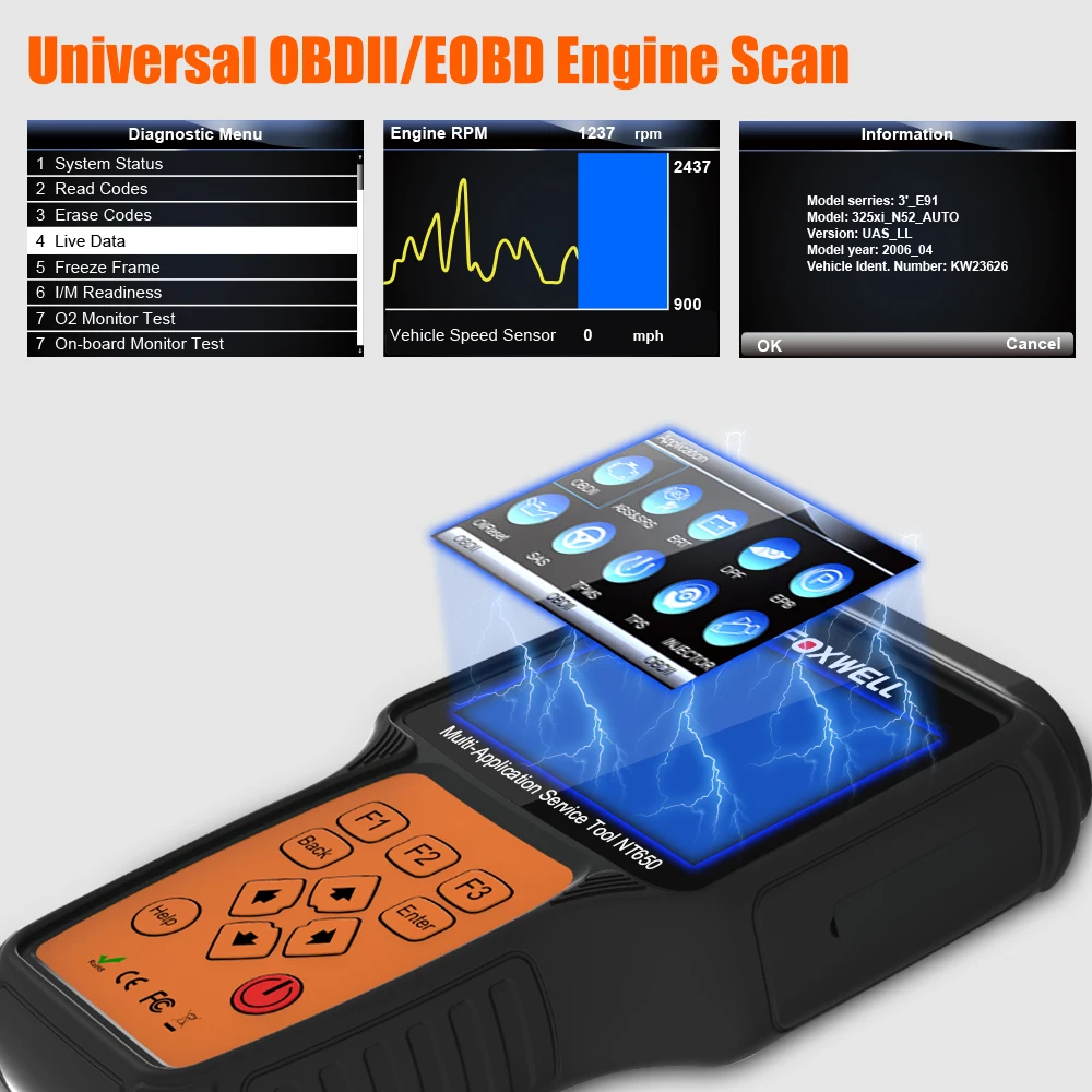 Foxwell NT650 OBD2 автомобильный сканер ABS Airbag SAS EPB DPF TPMS инжектор сброса масла ODB2