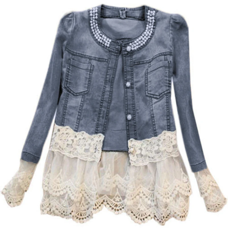 Женская синяя джинсовая куртка кружевное вечернее платье с длинными кружевными