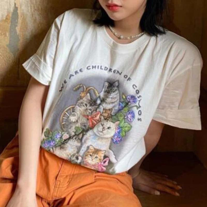 Летняя корейская модная рубашка Kawaii милый кот Ins винтажный Ретро стиль хипстер