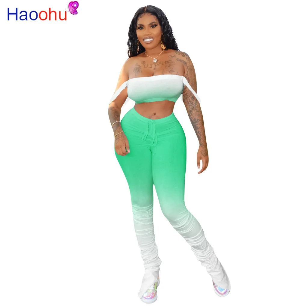 

HAOOHU women Gradient spaghetti strap crop tops stacked bell bottom jogger sweatpants suit two piece set sport tracksuit outfit