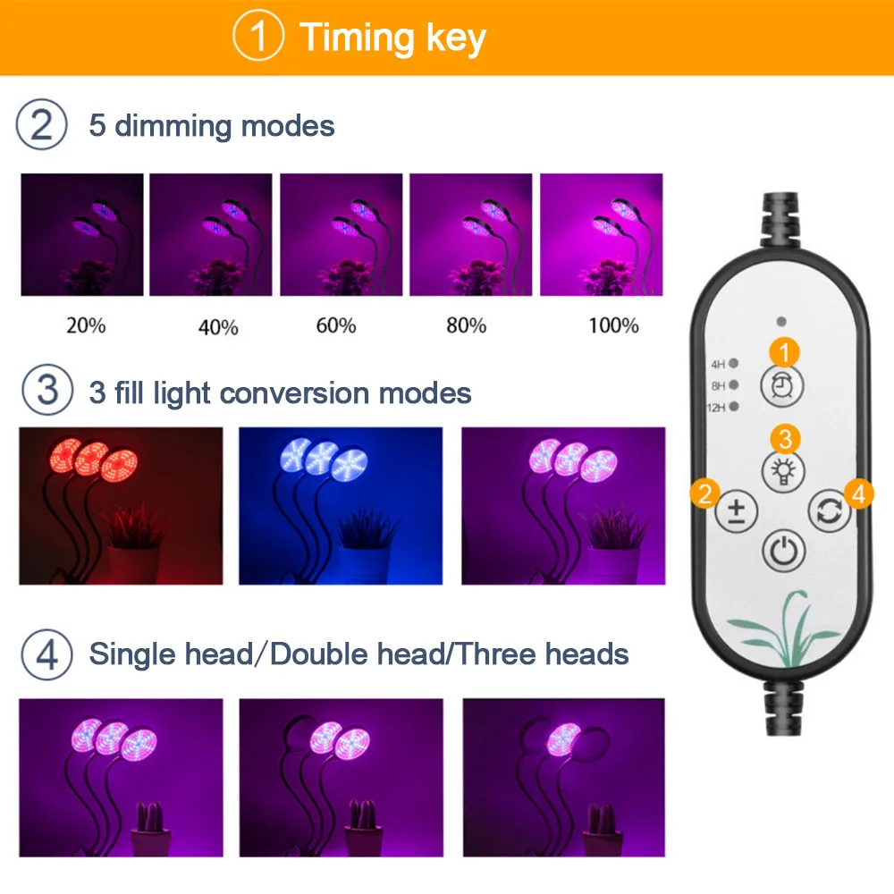 

5V USB LED Plant Grow Light Dimmable 15W 35W 45W Phytolamp 1/2/3 Heads Timing Full Spectrum Grow Lamp for Plants Aquarium
