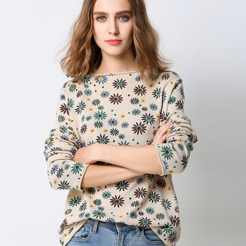 

Spring Autumn Pure Cotton Korean-style Long Sleeve Slash Neck Women's Knitwear Knitted Sweater 7-5