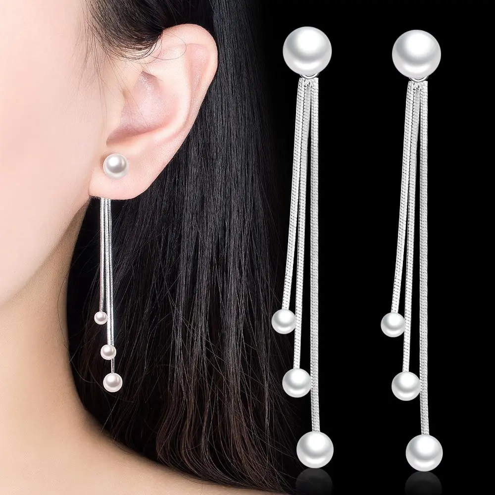 

Simple Fashion 925 Sterling Silver Pearl Long Tassel Earrings for Women Ear Chian Oorbellen Boucle D'oreille Pendientes