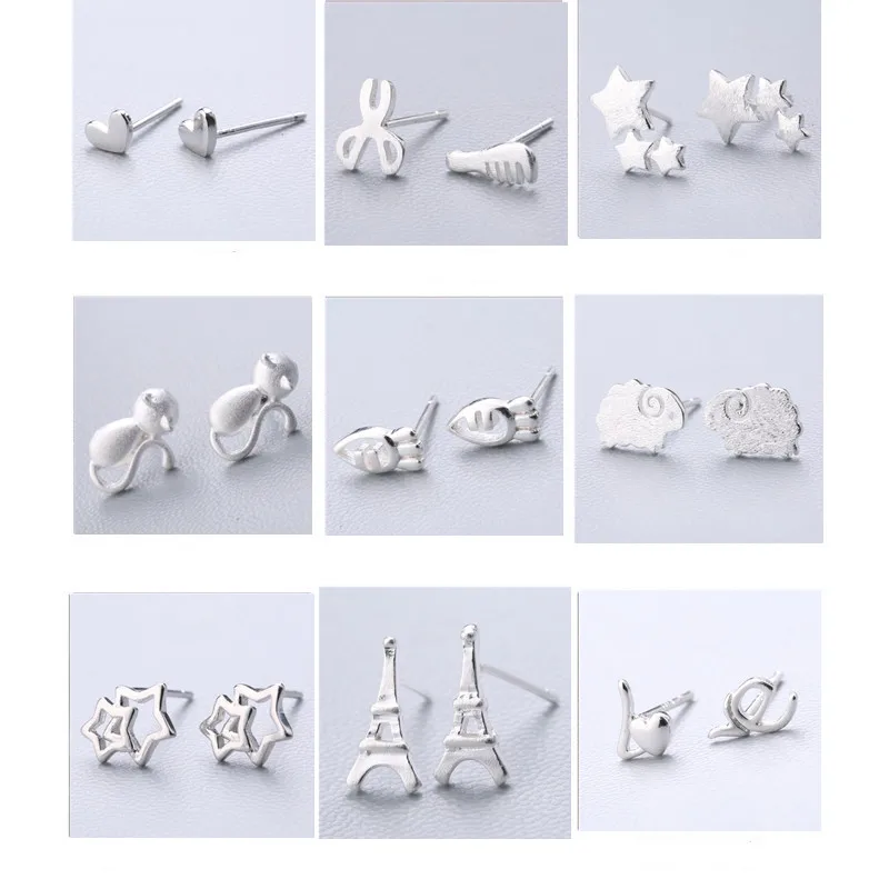 

100% 925 Solid Real Sterling Silver Piercing Heart Crown Love Bee Stud Earrings For Women Girls Brincos pendientes Brincos eh979