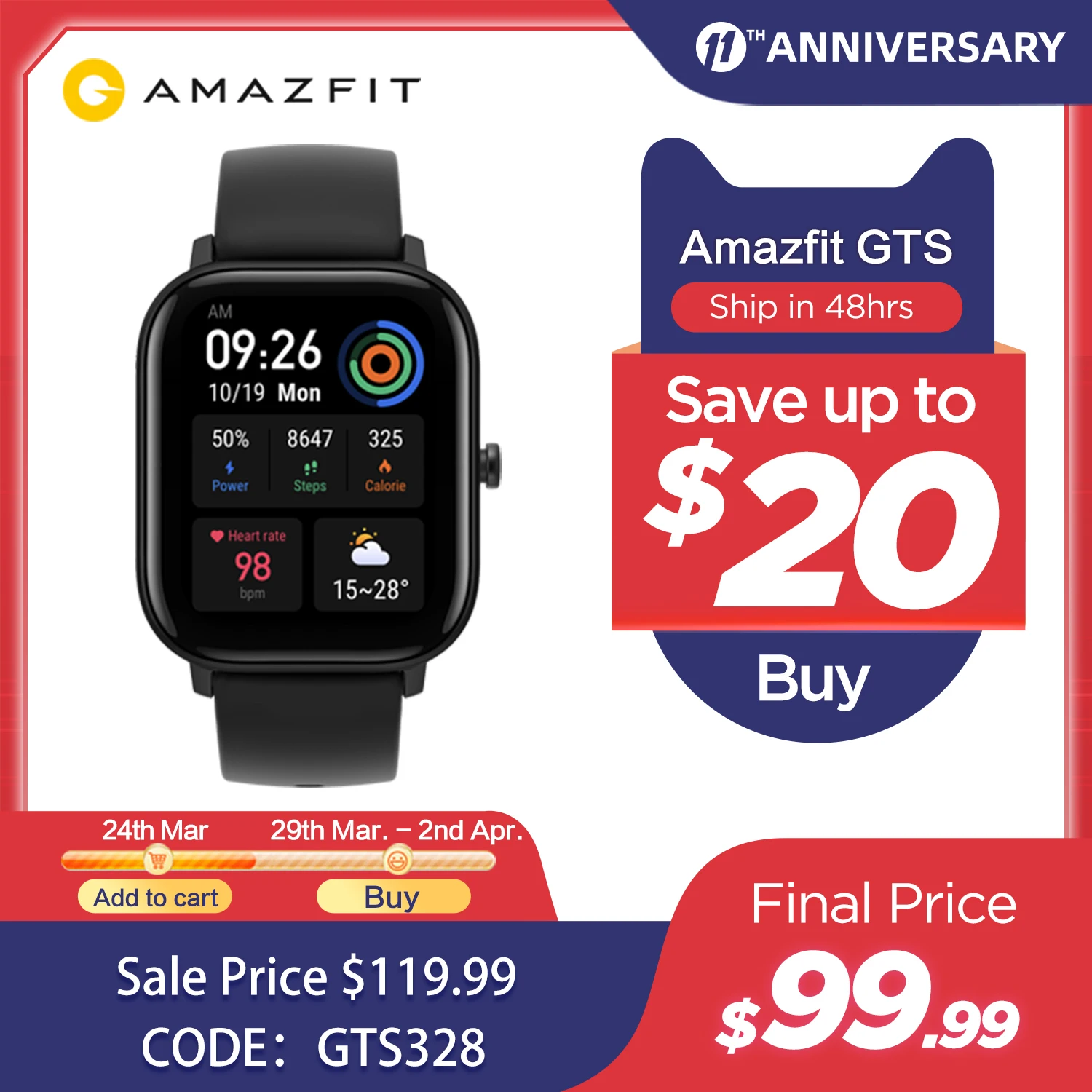 

In stock Global Version Amazfit GTS Smart Watch 5ATM Waterproof Swimming Smartwatch 14 Days Battery Music Control for Android